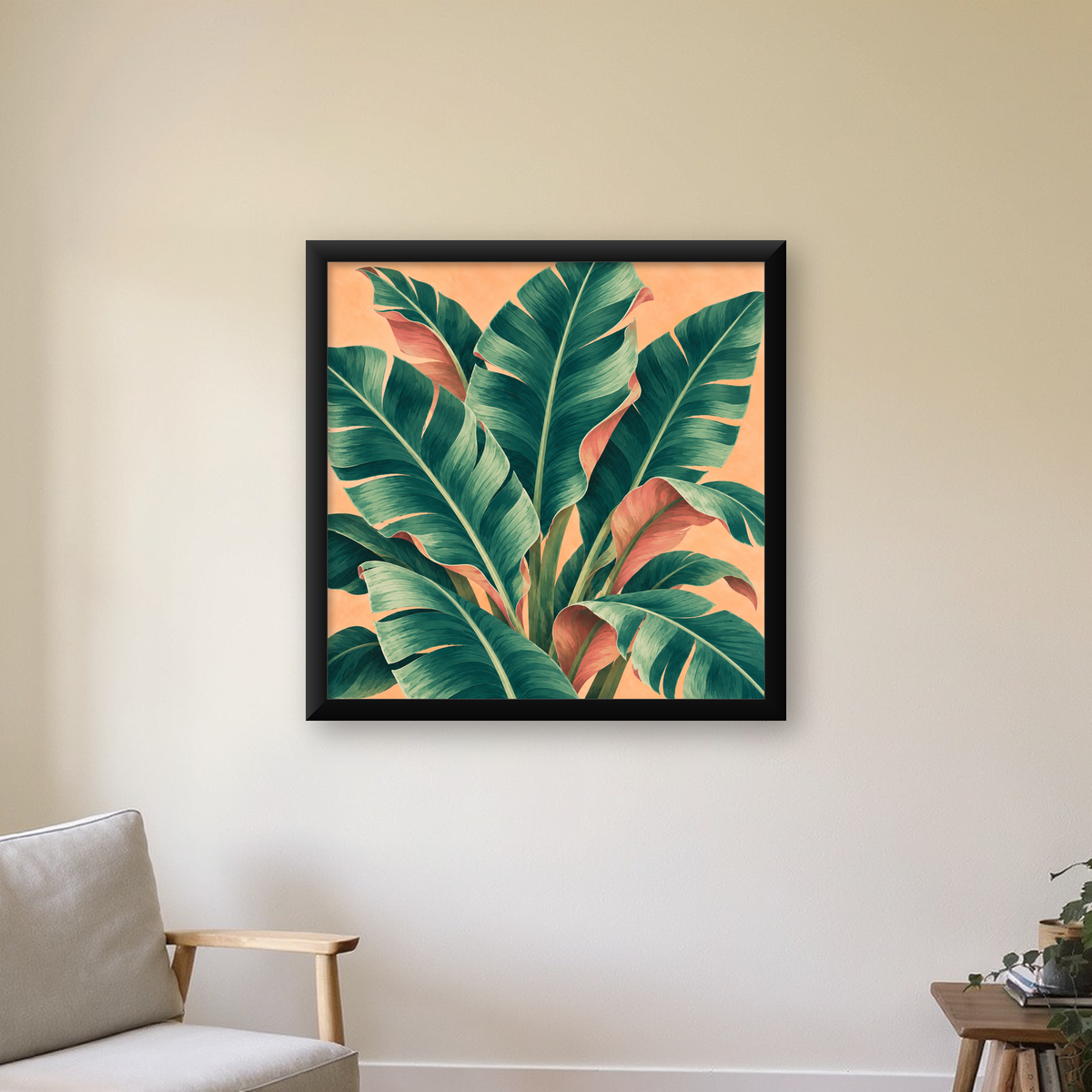 Tropikal Yaprak Desenli Modern Dijital Poster — Kare baskı, çerçeveli hâliyle bir ev duvarında