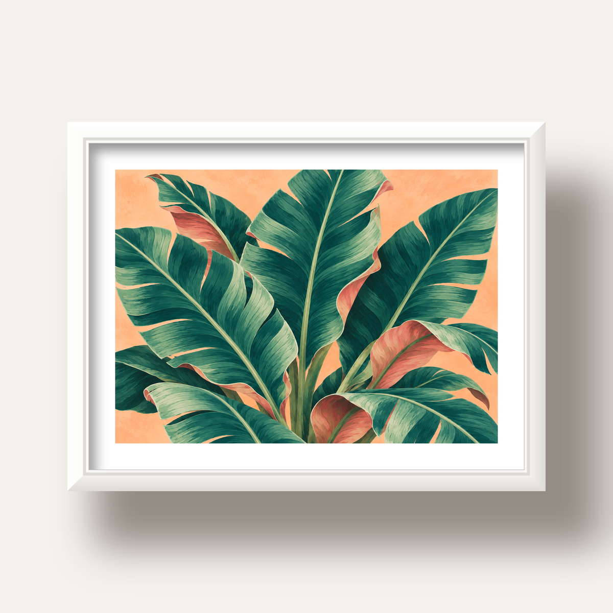 Tropikal Yaprak Desenli Modern Dijital Poster — beyaz derin çerçeveli paspartulu