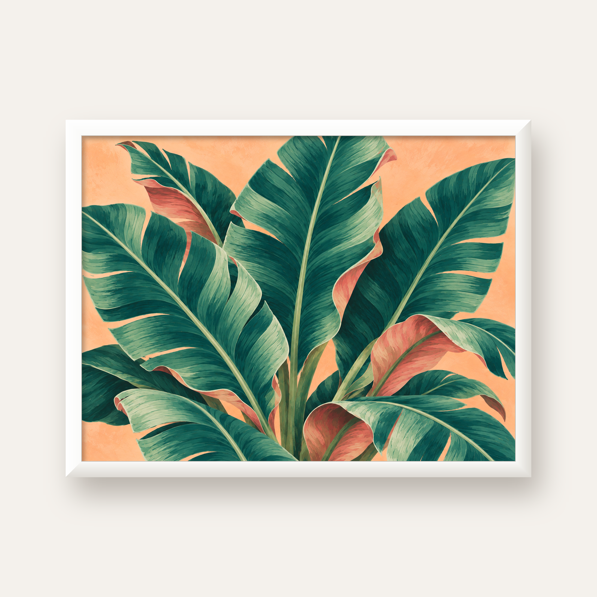 Tropikal Yaprak Desenli Modern Dijital Poster — beyaz çerçeveli yatay poster