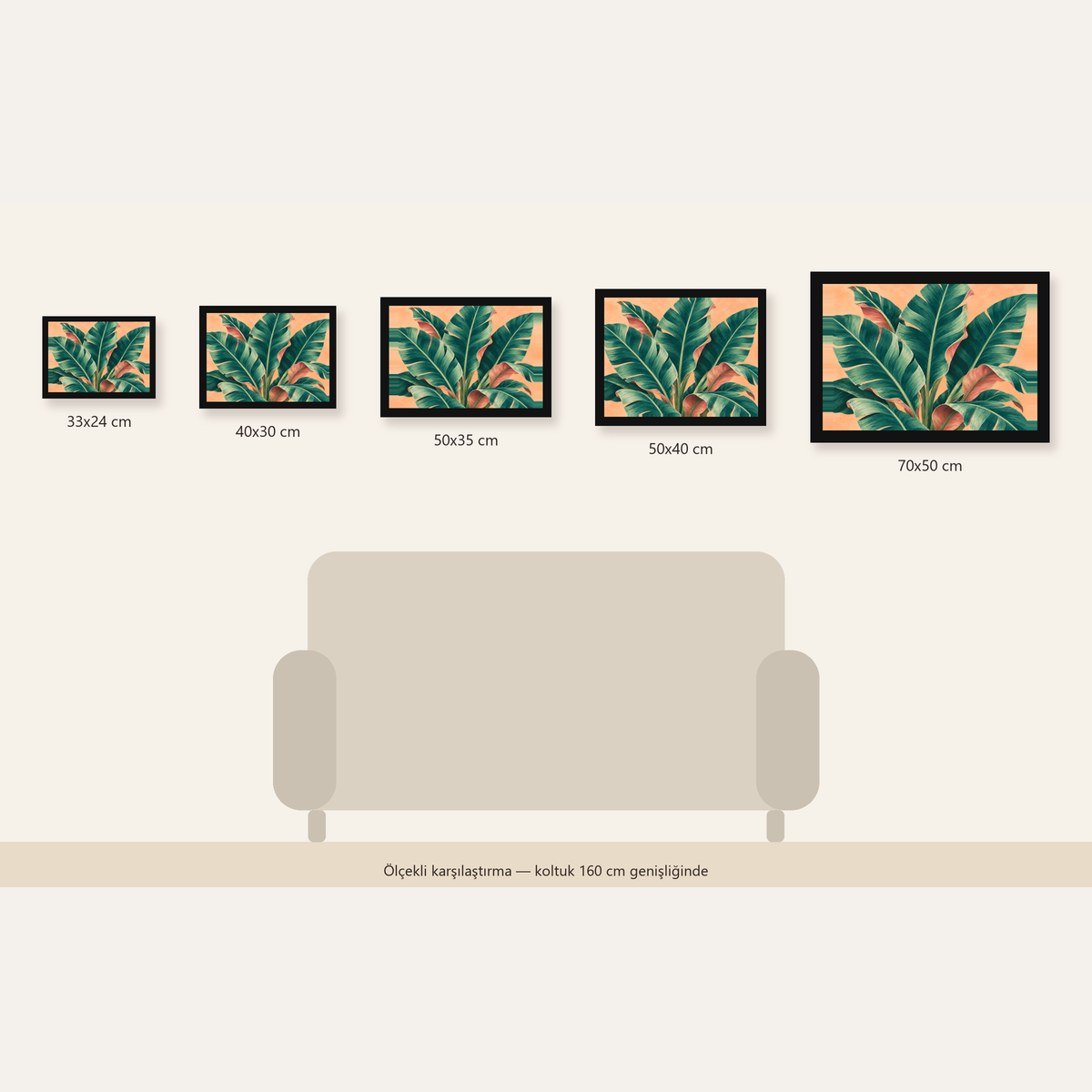 Tropikal Yaprak Desenli Modern Dijital Poster — Yatay ölçülerinin karşılaştırması