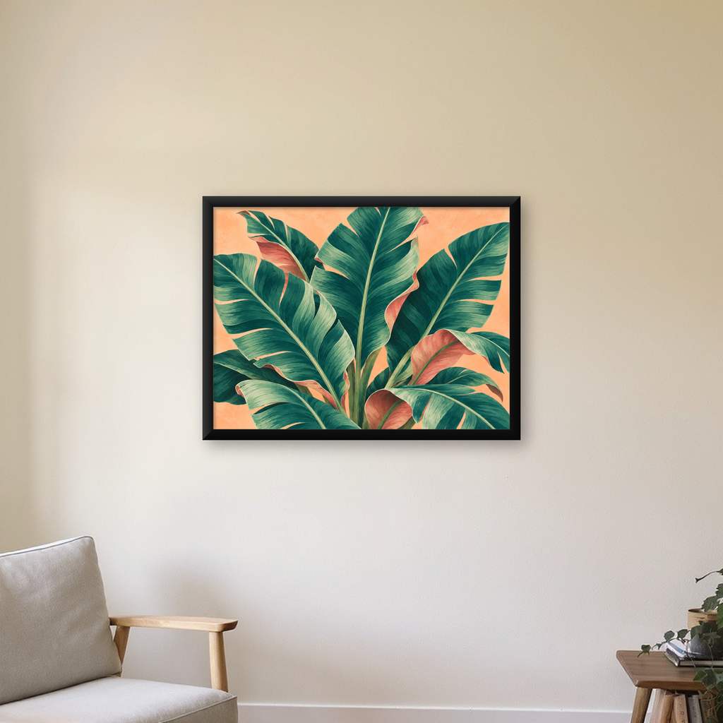 Tropikal Yaprak Desenli Modern Dijital Poster — Yatay baskı, çerçeveli hâliyle bir ev duvarında