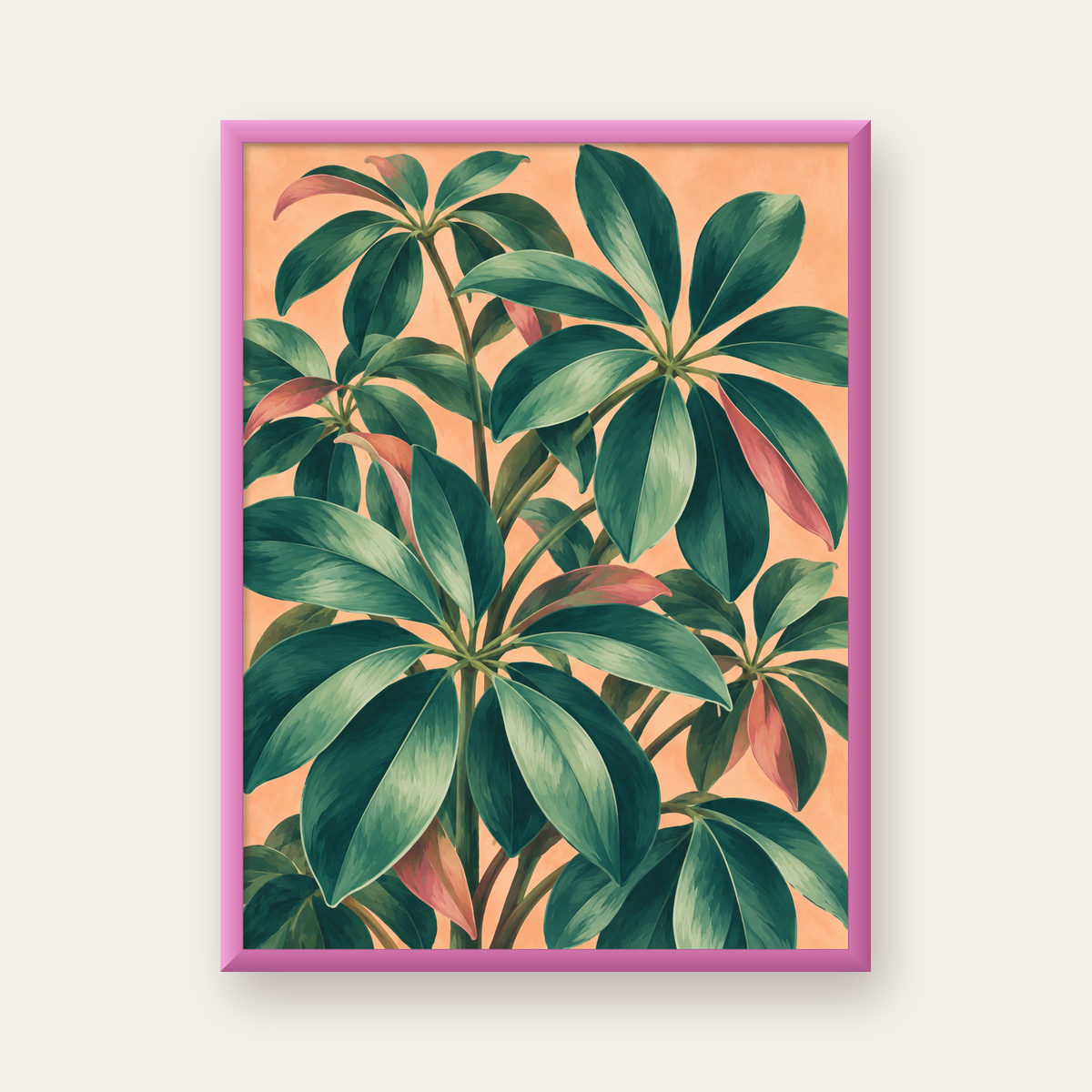 Tropikal Yeşil Yaprak Desenli Dijital Poster - Modern Duvar Sanatı — pembe çerçeveli
