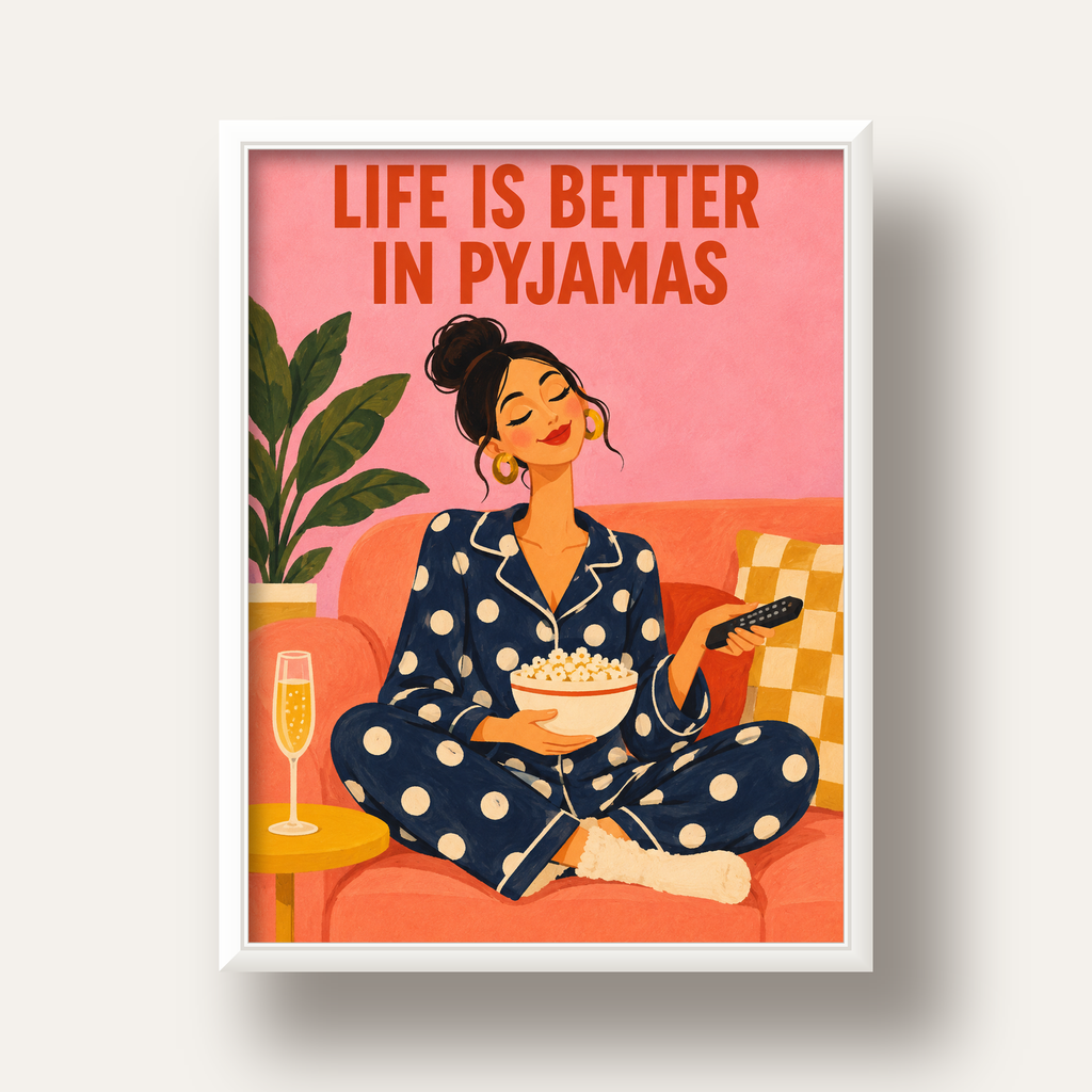 Pijama Keyfi İllüstrasyonlu Modern Poster – Rahat ve Şık Dekor — beyaz derin çerçeveli