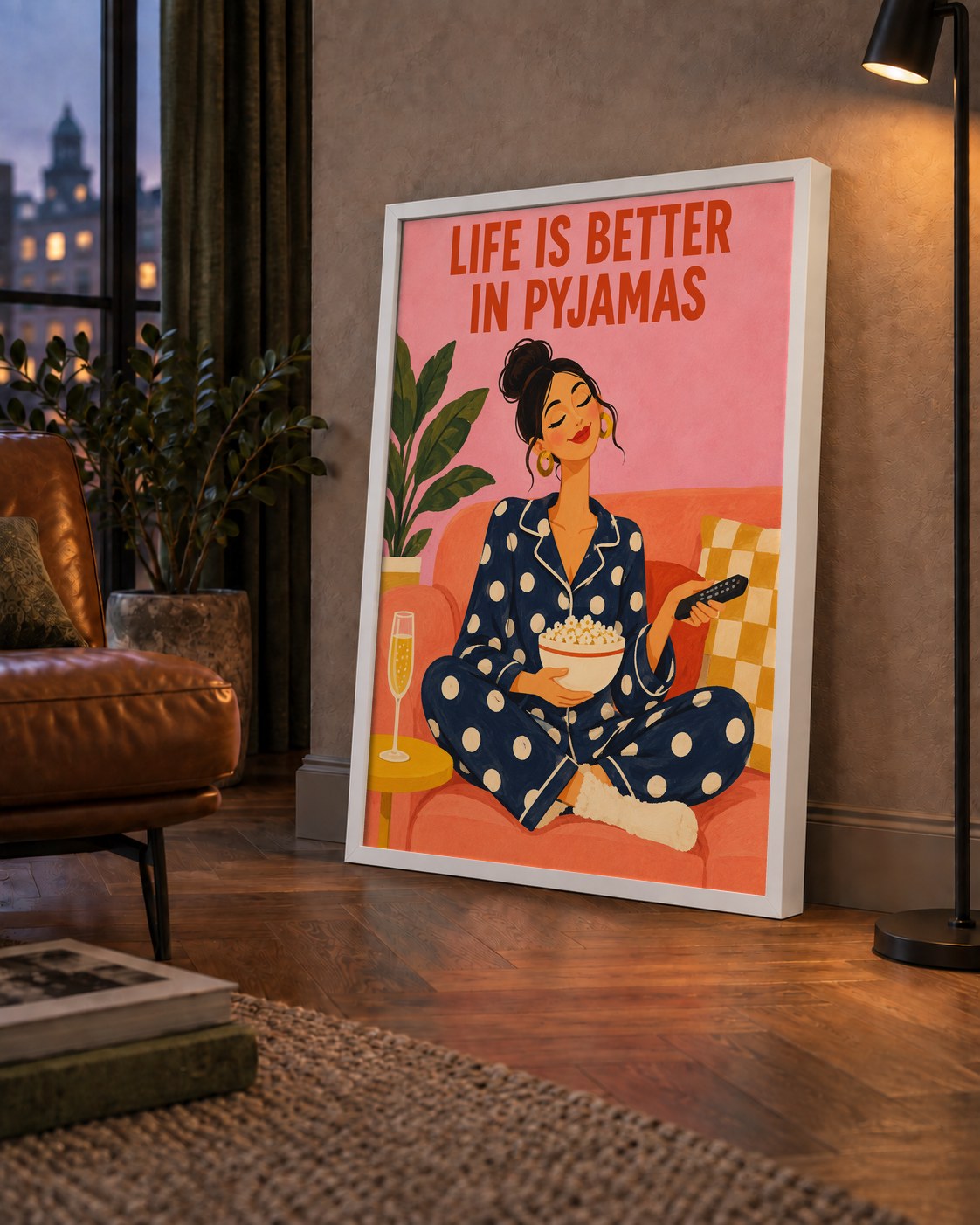 Pijama Keyfi İllüstrasyonlu Modern Poster – Rahat ve Şık Dekor — çerçeveli hâliyle bir ev duvarında