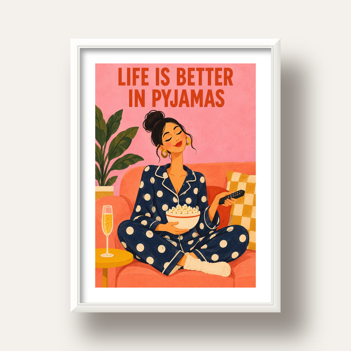 Pijama Keyfi İllüstrasyonlu Modern Poster – Rahat ve Şık Dekor — beyaz derin çerçeveli paspartulu