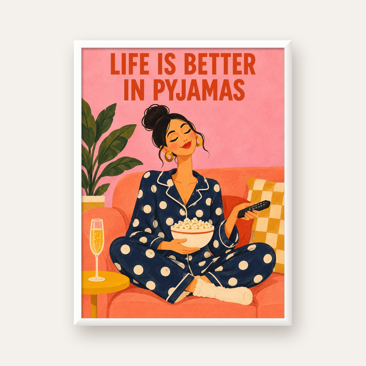 Pijama Keyfi İllüstrasyonlu Modern Poster – Rahat ve Şık Dekor — beyaz çerçeveli dikey poster