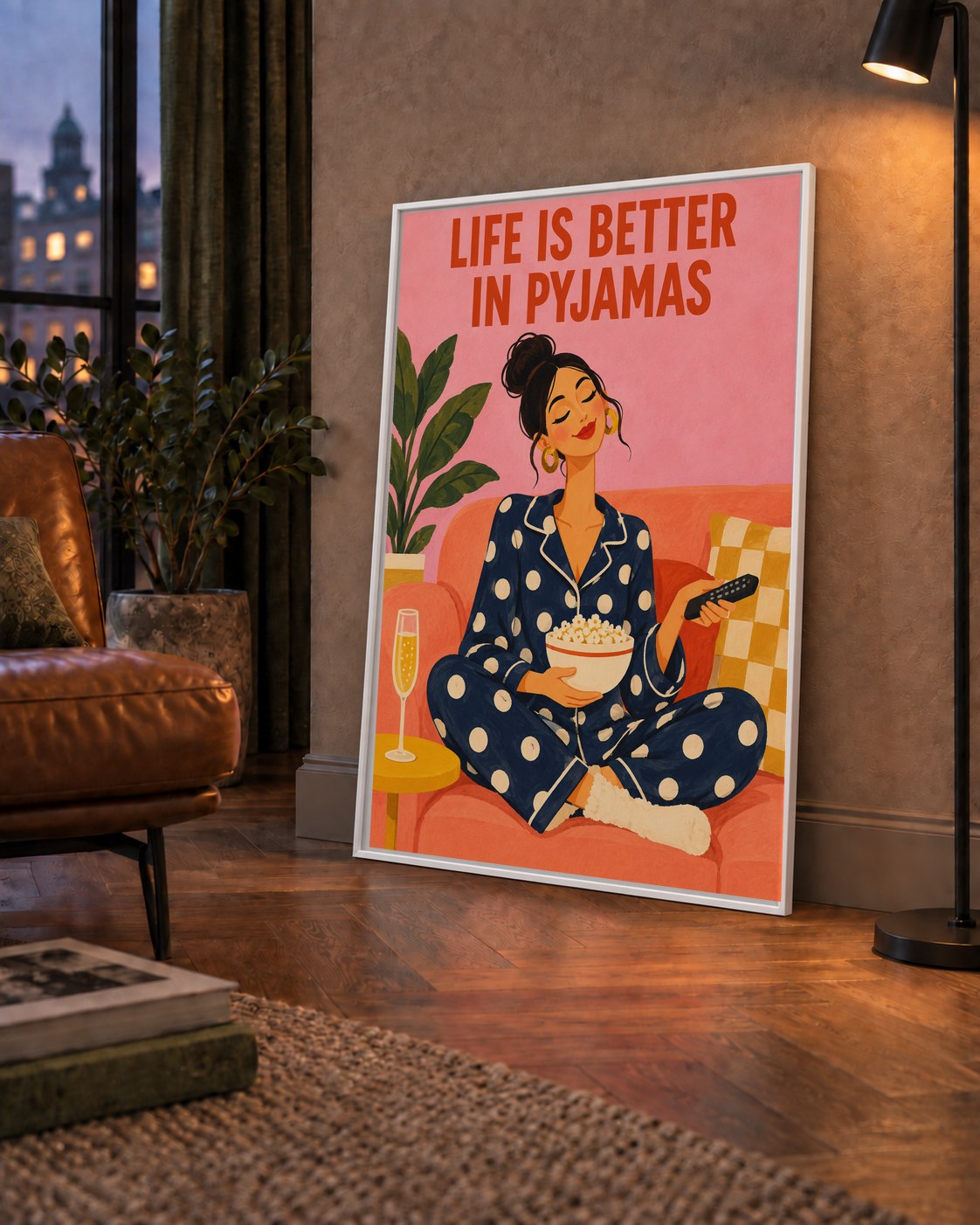 Pijama Keyfi İllüstrasyonlu Modern Poster – Rahat ve Şık Dekor — çerçeveli hâliyle bir ev duvarında