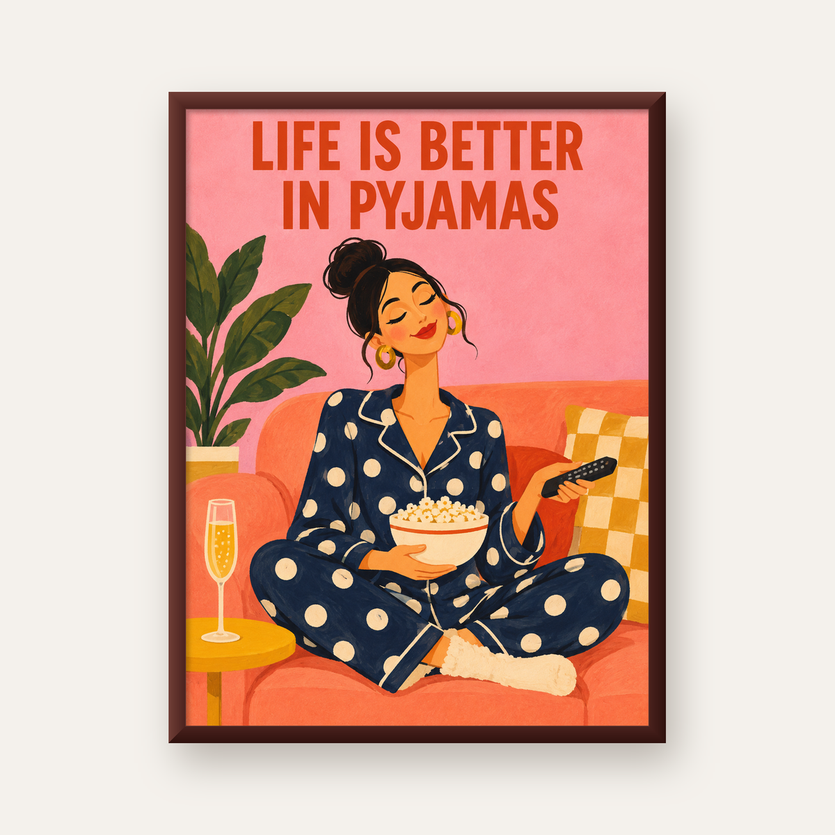 Pijama Keyfi İllüstrasyonlu Modern Poster – Rahat ve Şık Dekor — ceviz çerçeveli