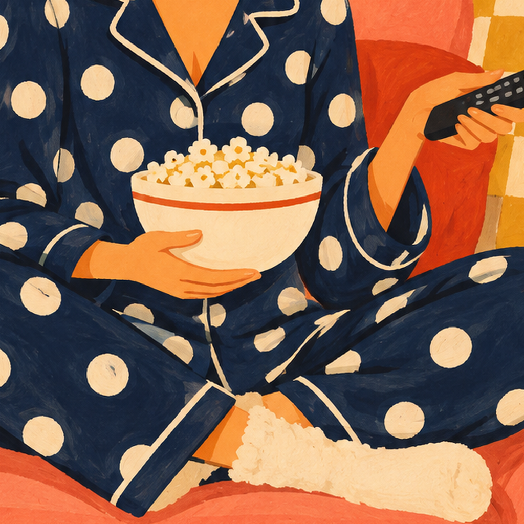 Pijama Keyfi İllüstrasyonlu Modern Poster – Rahat ve Şık Dekor — baskının yakın çekimi, kâğıt dokusu ve renk detayı