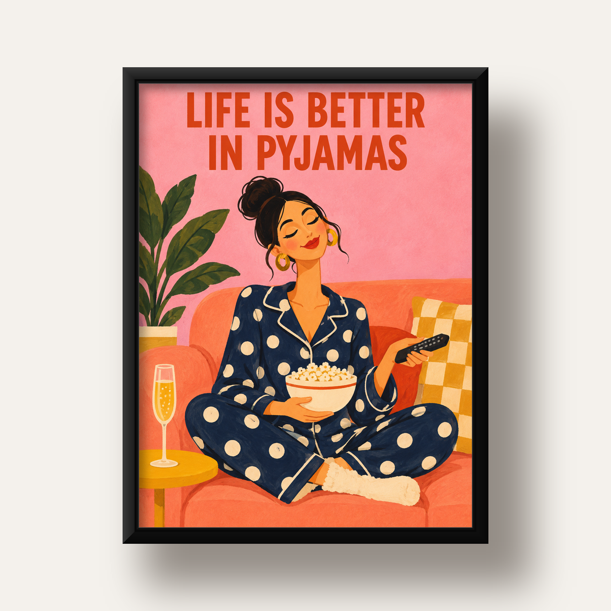 Pijama Keyfi İllüstrasyonlu Modern Poster – Rahat ve Şık Dekor — siyah derin çerçeveli