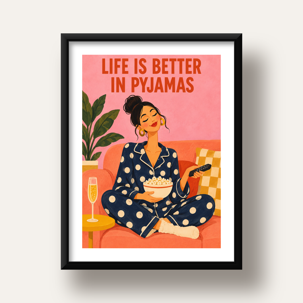 Pijama Keyfi İllüstrasyonlu Modern Poster – Rahat ve Şık Dekor — siyah derin çerçeveli paspartulu