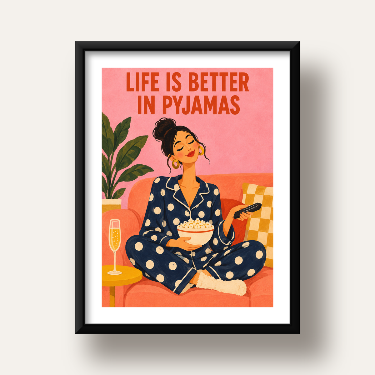 Pijama Keyfi İllüstrasyonlu Modern Poster – Rahat ve Şık Dekor — siyah derin çerçeveli paspartulu