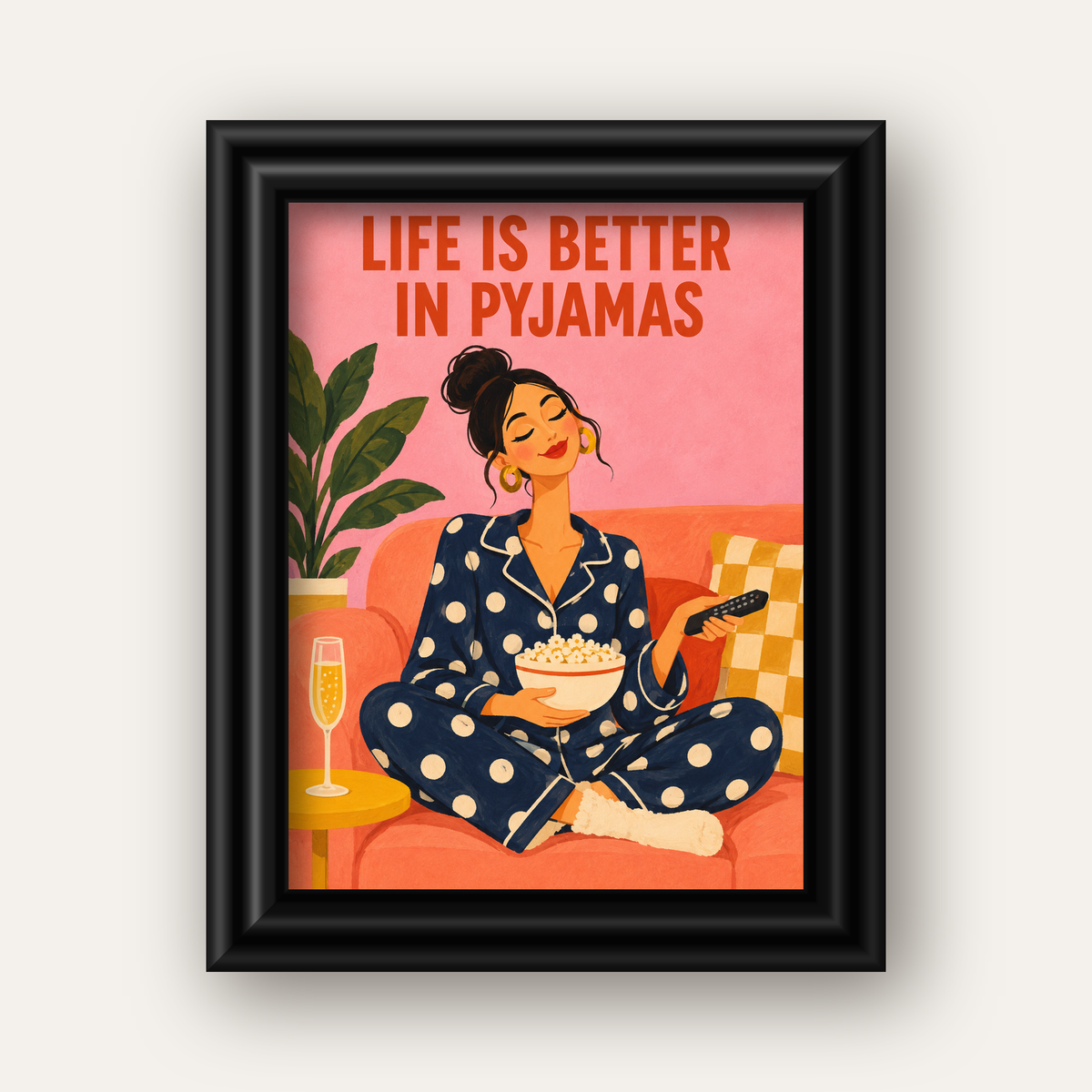 Pijama Keyfi İllüstrasyonlu Modern Poster – Rahat ve Şık Dekor — siyah galeri çerçeveli
