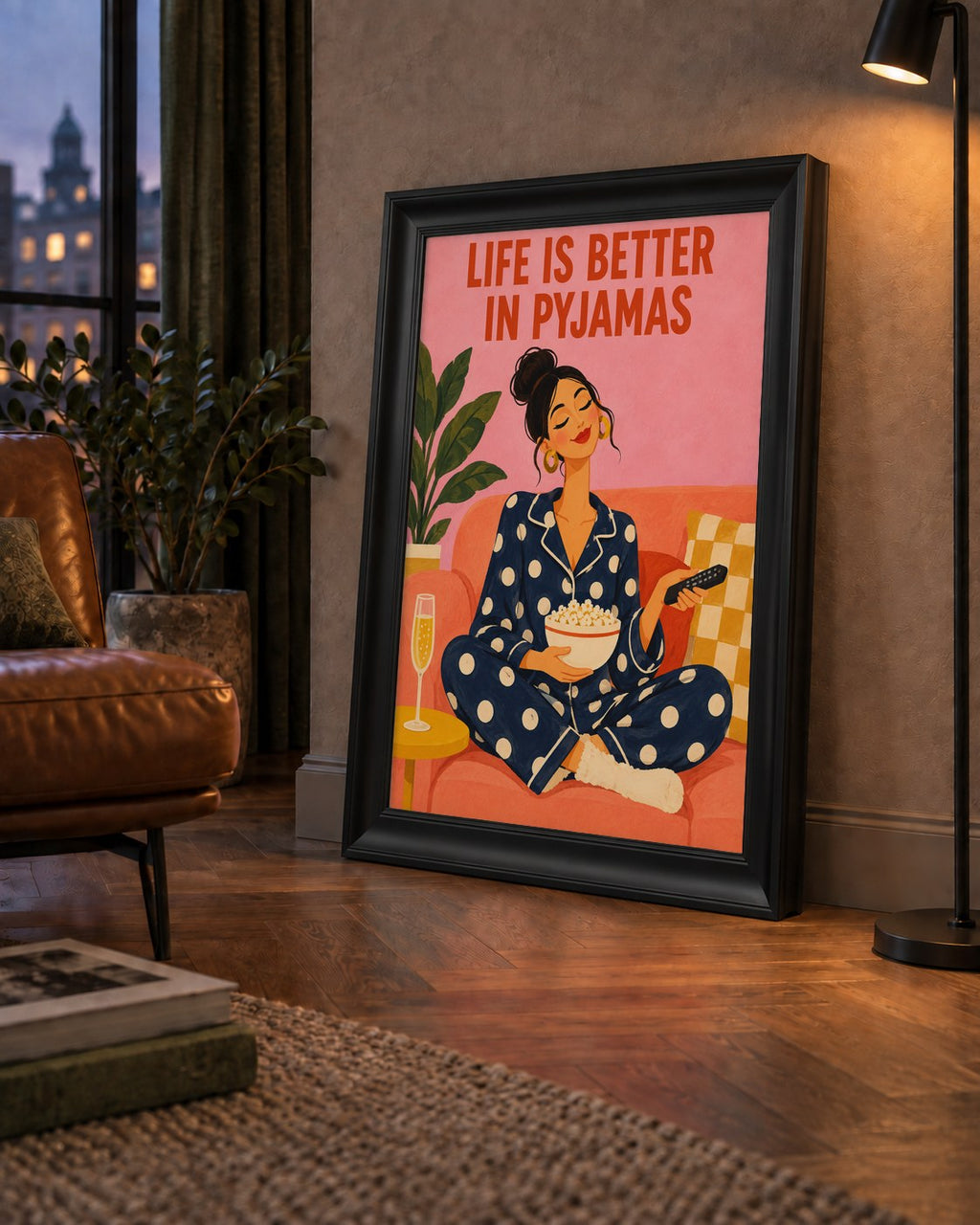 Pijama Keyfi İllüstrasyonlu Modern Poster – Rahat ve Şık Dekor — çerçeveli hâliyle bir ev duvarında