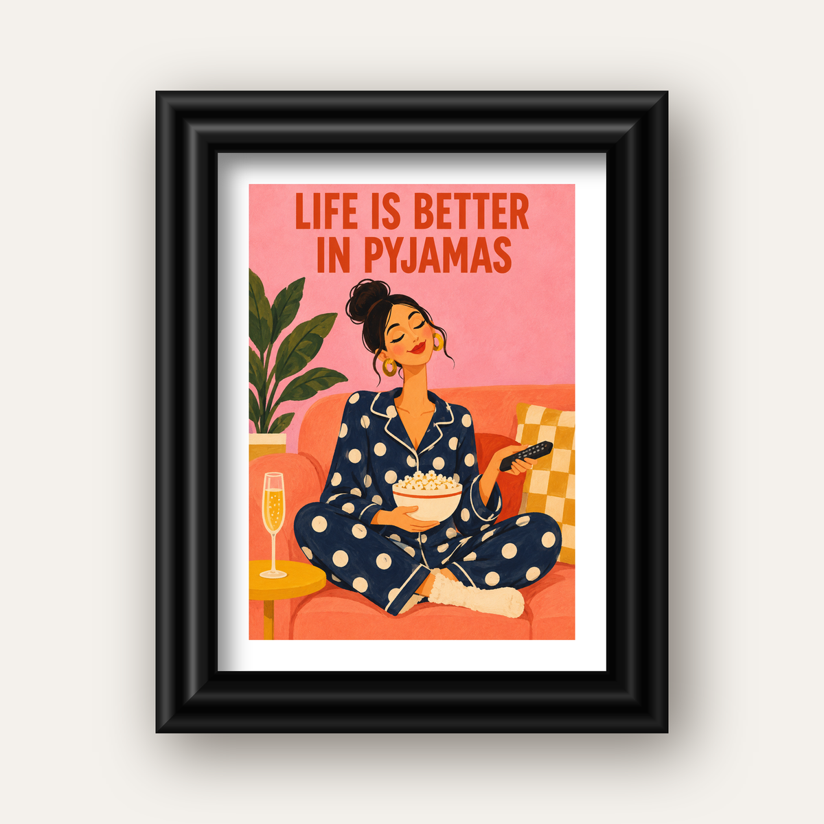 Pijama Keyfi İllüstrasyonlu Modern Poster – Rahat ve Şık Dekor — siyah galeri çerçeveli paspartulu