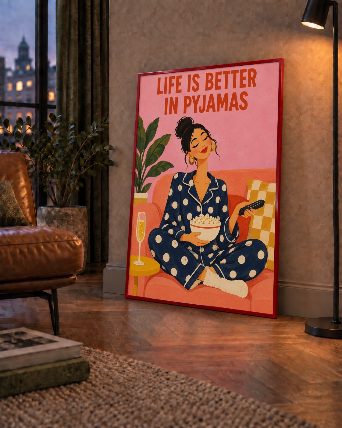 Pijama Keyfi İllüstrasyonlu Modern Poster – Rahat ve Şık Dekor — çerçeveli hâliyle bir ev duvarında