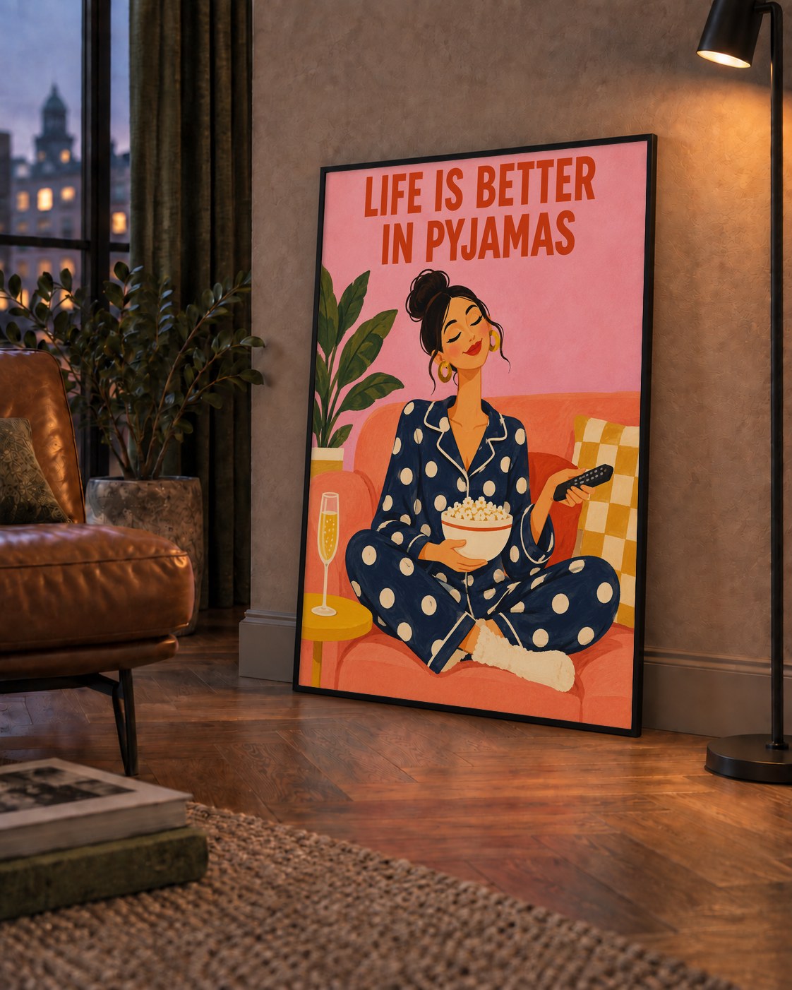Pijama Keyfi İllüstrasyonlu Modern Poster – Rahat ve Şık Dekor — çerçeveli hâliyle bir ev duvarında