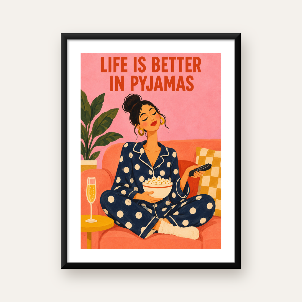 Pijama Keyfi İllüstrasyonlu Modern Poster – Rahat ve Şık Dekor — Dikey baskı, beyaz paspartulu