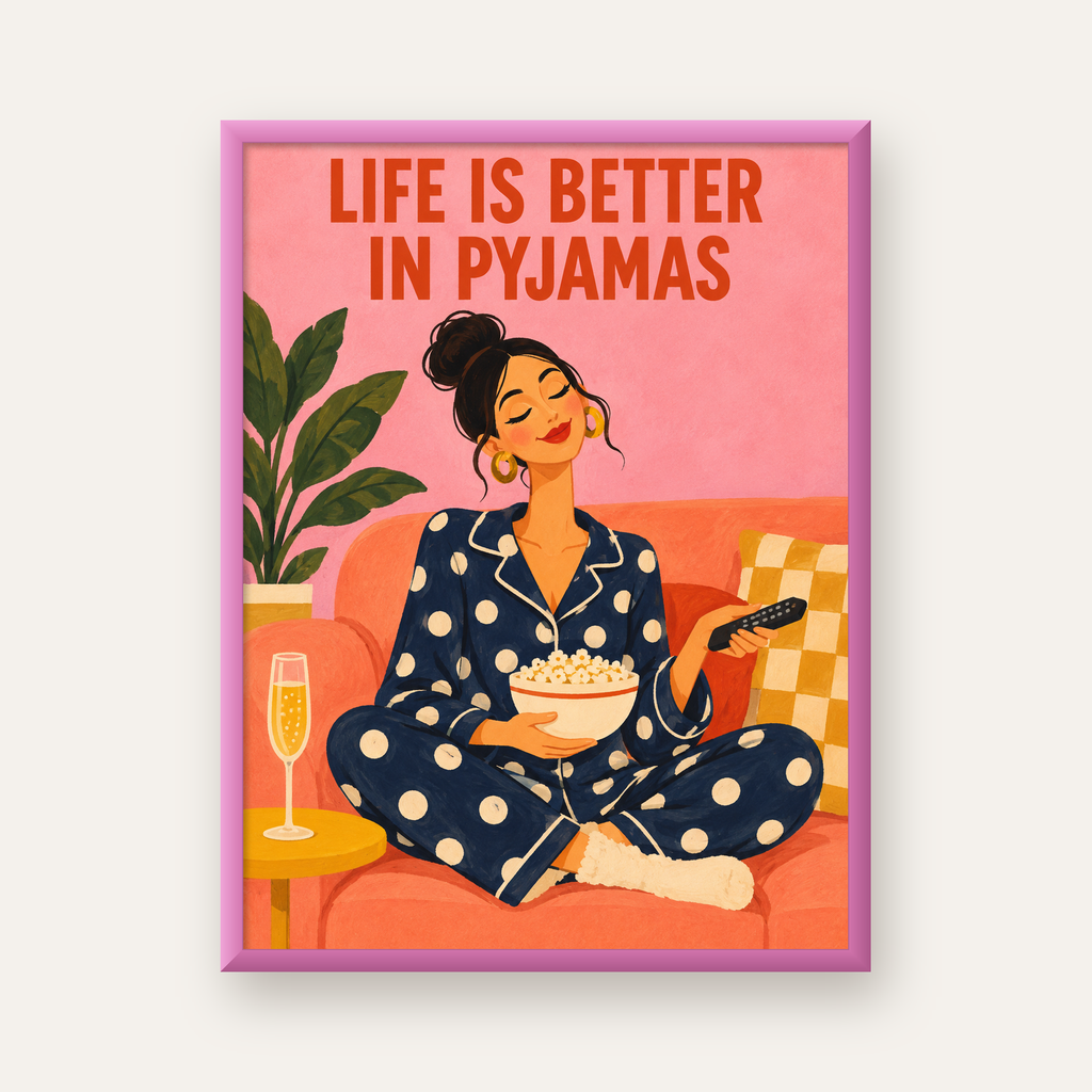 Pijama Keyfi İllüstrasyonlu Modern Poster – Rahat ve Şık Dekor — pembe çerçeveli