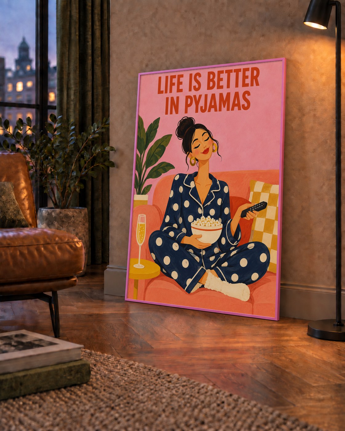 Pijama Keyfi İllüstrasyonlu Modern Poster – Rahat ve Şık Dekor — çerçeveli hâliyle bir ev duvarında