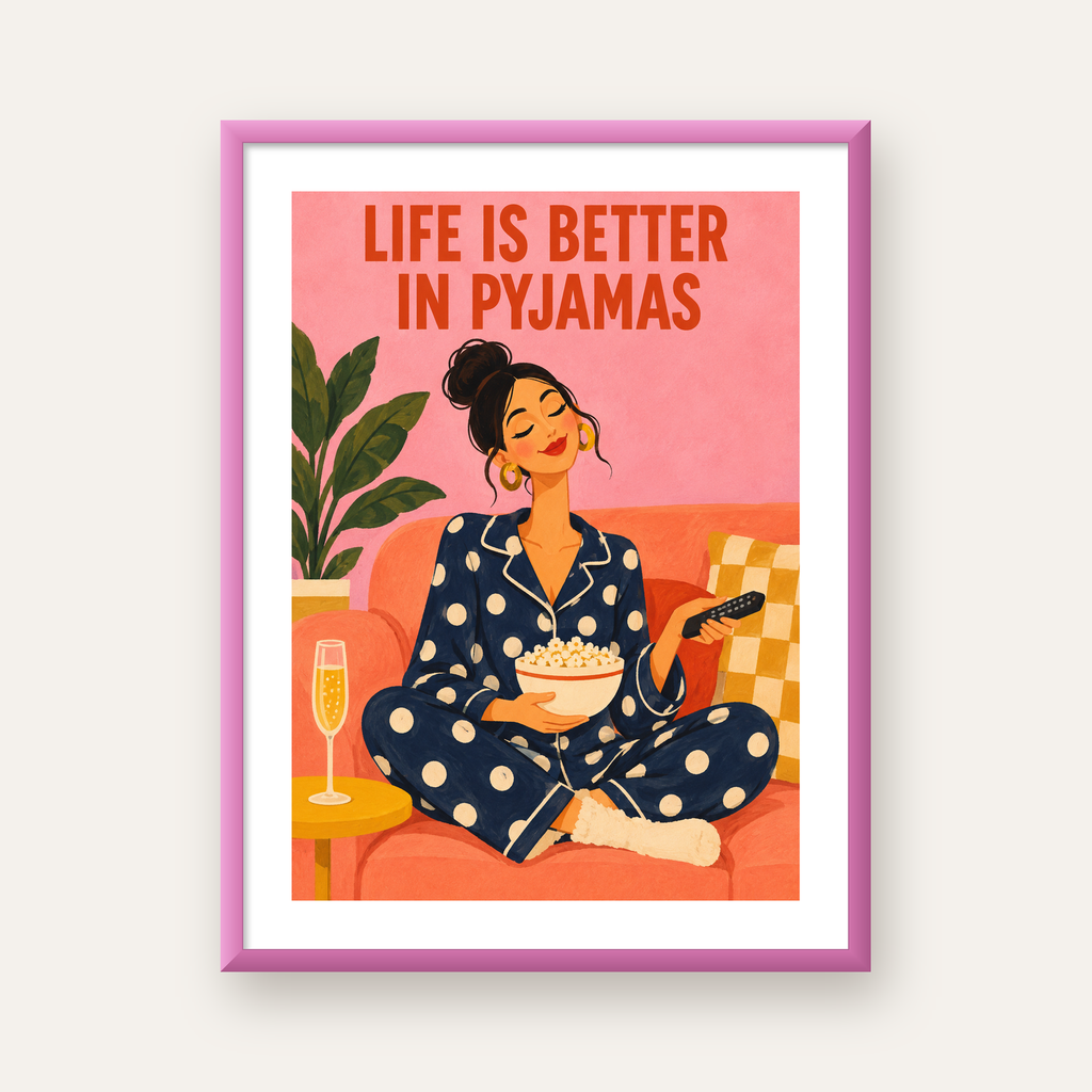 Pijama Keyfi İllüstrasyonlu Modern Poster – Rahat ve Şık Dekor — pembe çerçeveli paspartulu