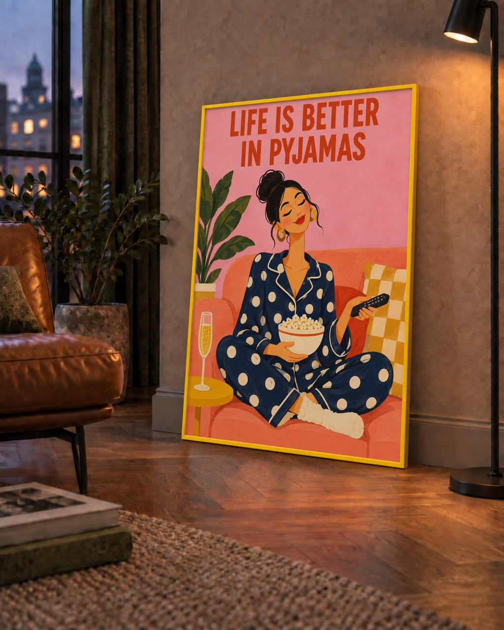 Pijama Keyfi İllüstrasyonlu Modern Poster – Rahat ve Şık Dekor — çerçeveli hâliyle bir ev duvarında