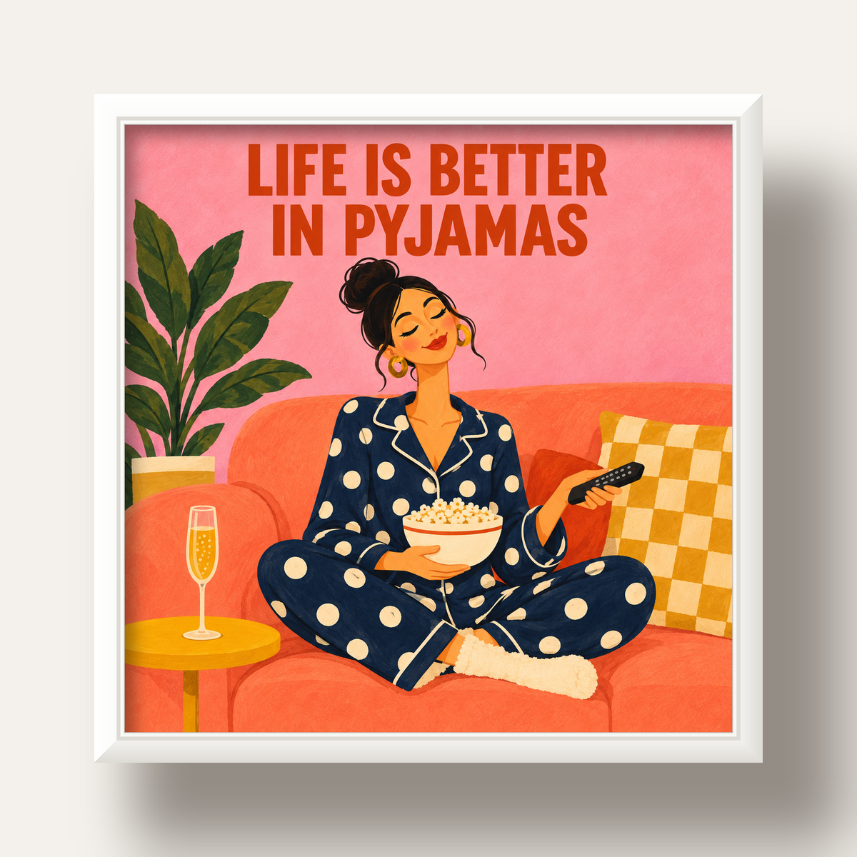 Pijama Keyfi İllüstrasyonlu Modern Poster – Rahat ve Şık Dekor — beyaz derin çerçeveli