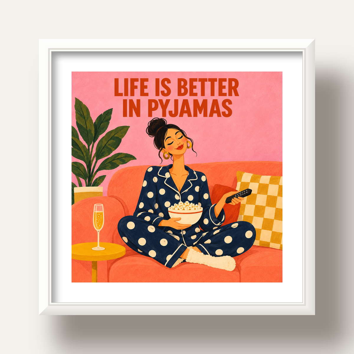 Pijama Keyfi İllüstrasyonlu Modern Poster – Rahat ve Şık Dekor — beyaz derin çerçeveli paspartulu