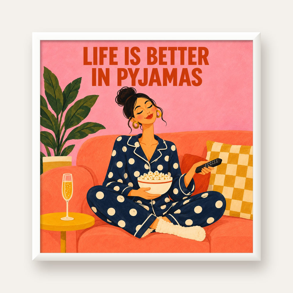 Pijama Keyfi İllüstrasyonlu Modern Poster – Rahat ve Şık Dekor — beyaz çerçeveli kare poster