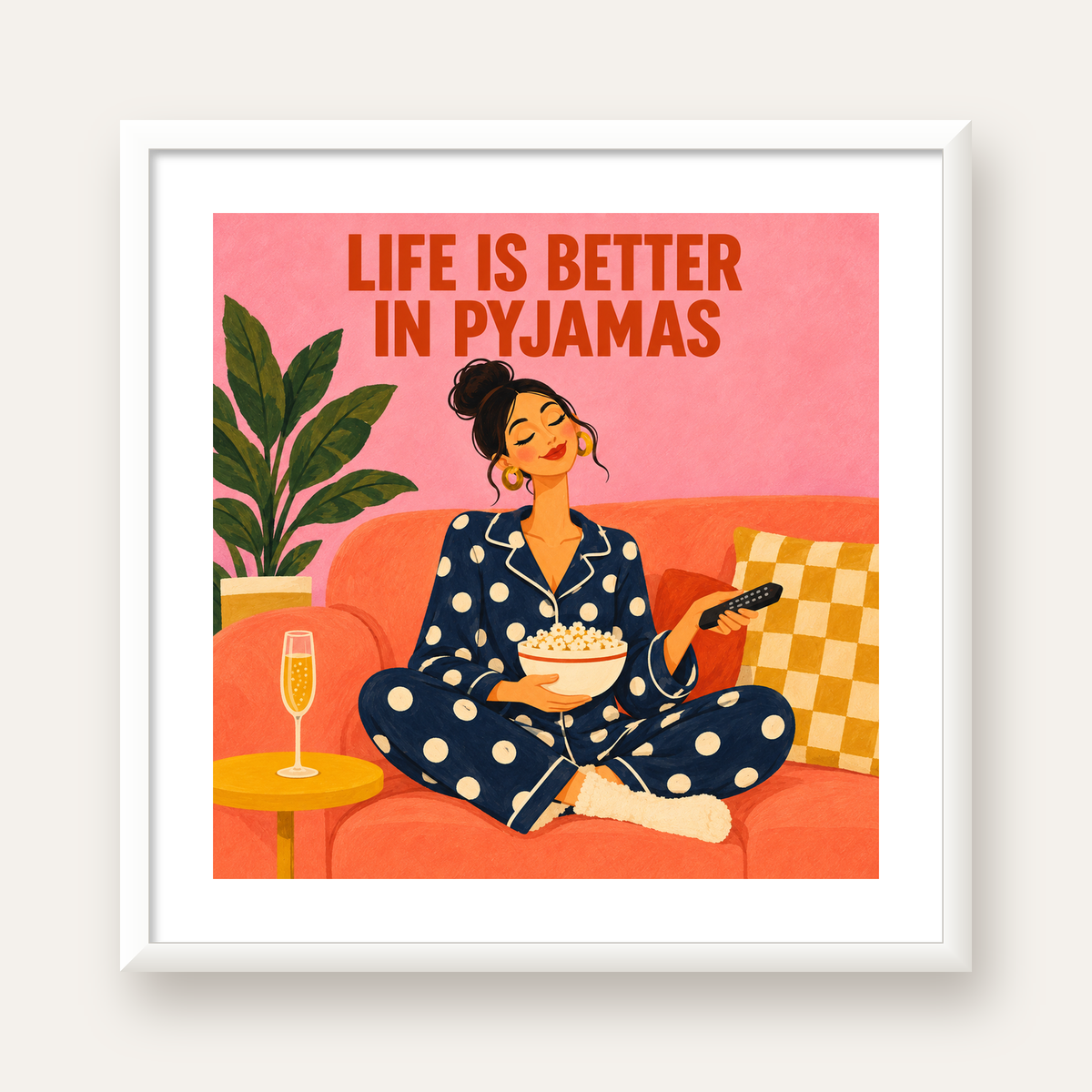 Pijama Keyfi İllüstrasyonlu Modern Poster – Rahat ve Şık Dekor — beyaz çerçeveli kare poster