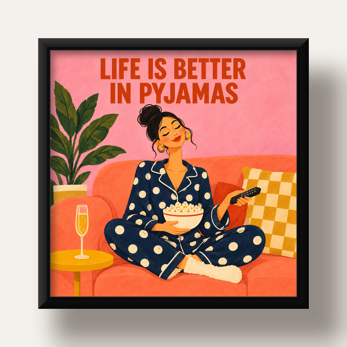 Pijama Keyfi İllüstrasyonlu Modern Poster – Rahat ve Şık Dekor — siyah derin çerçeveli