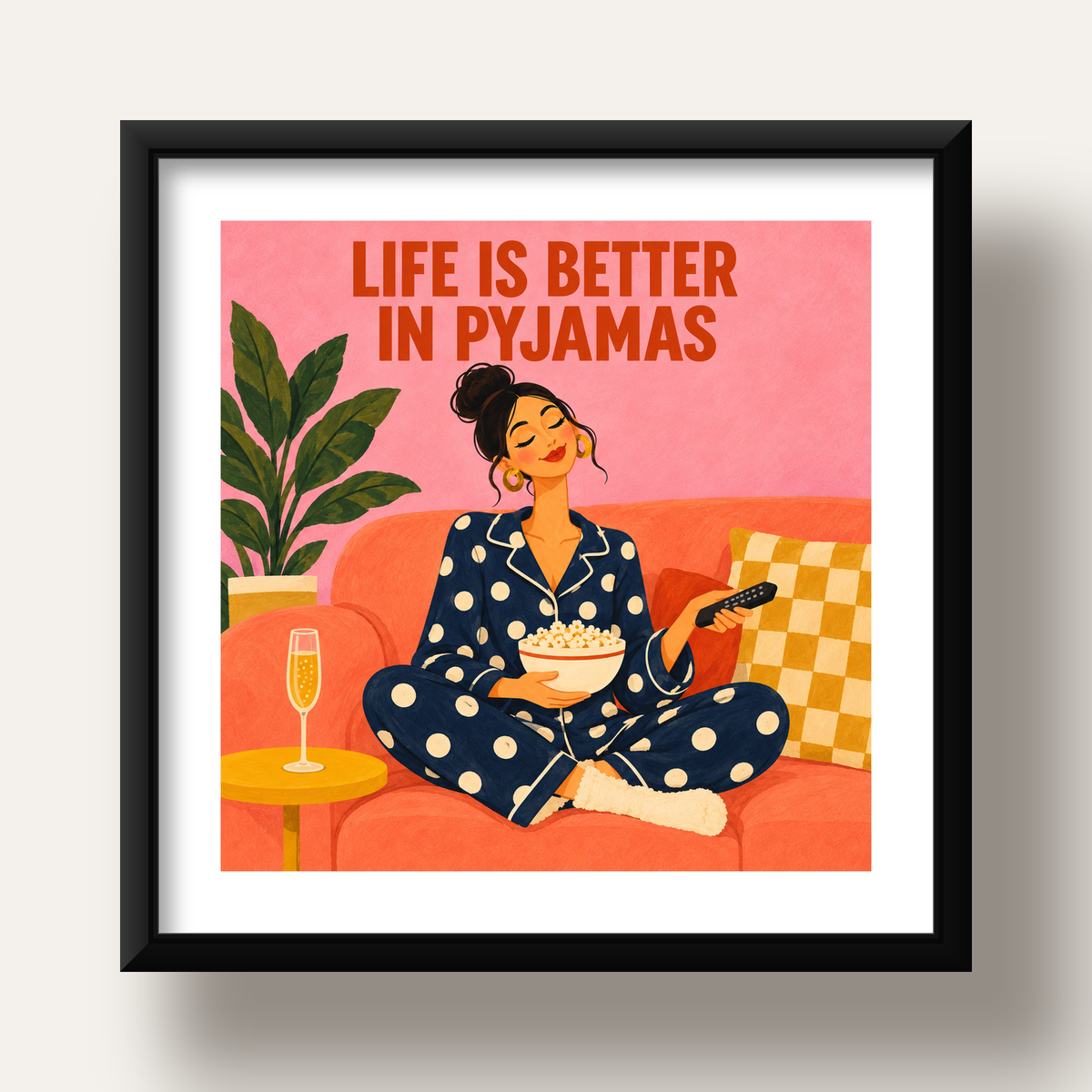 Pijama Keyfi İllüstrasyonlu Modern Poster – Rahat ve Şık Dekor — siyah derin çerçeveli paspartulu