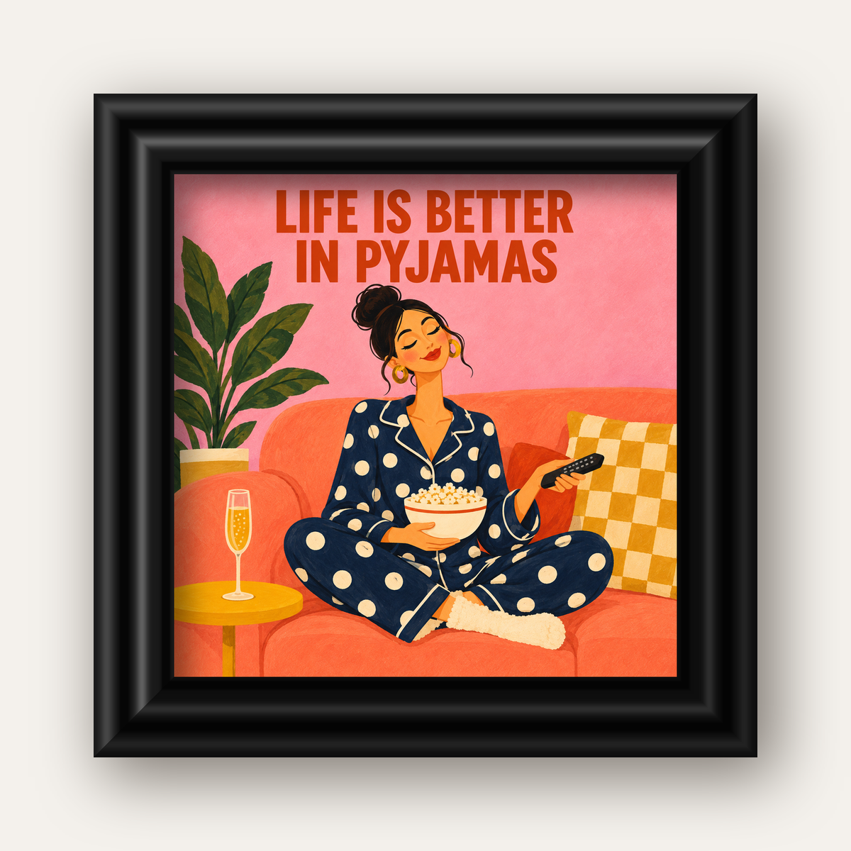 Pijama Keyfi İllüstrasyonlu Modern Poster – Rahat ve Şık Dekor — siyah galeri çerçeveli