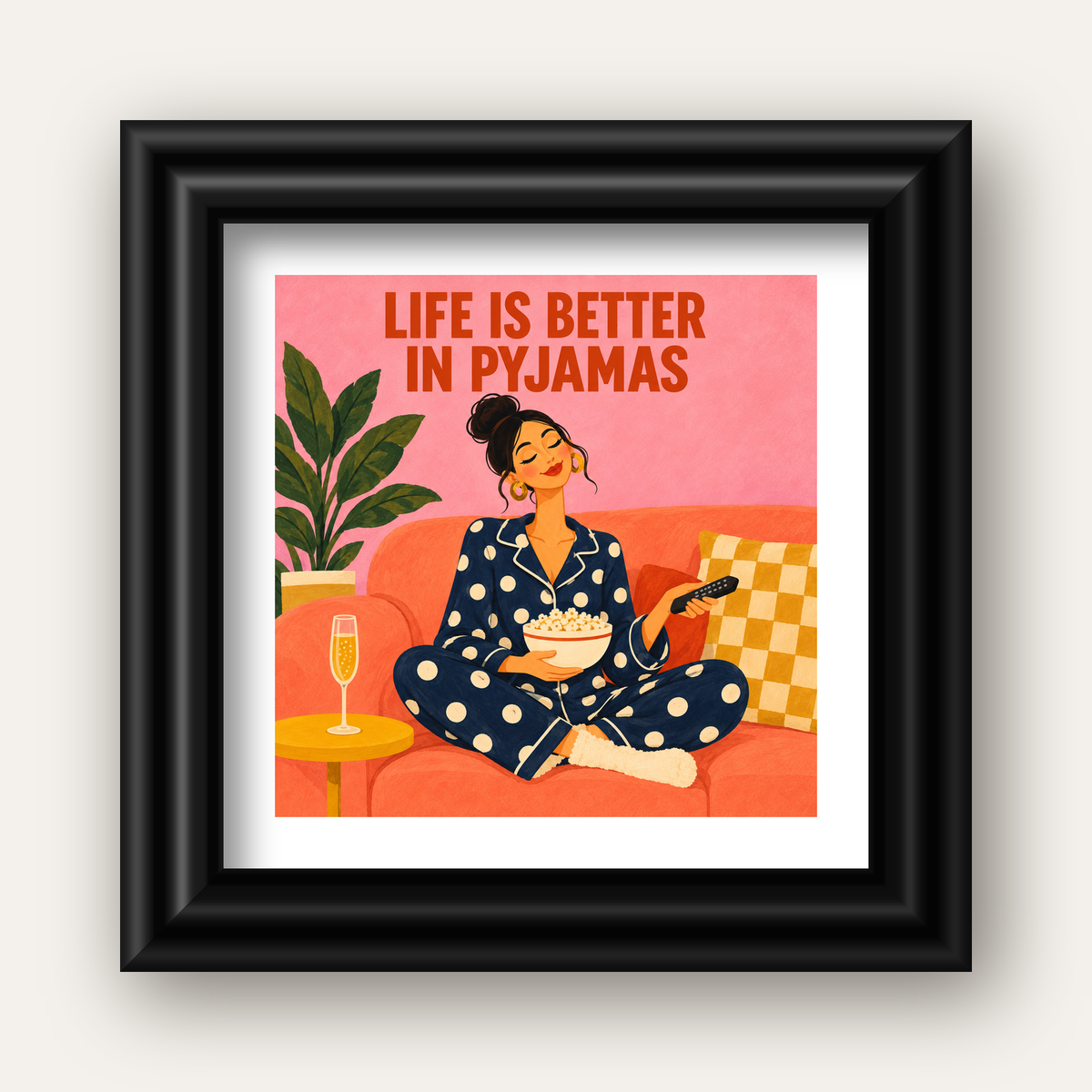 Pijama Keyfi İllüstrasyonlu Modern Poster – Rahat ve Şık Dekor — siyah galeri çerçeveli paspartulu
