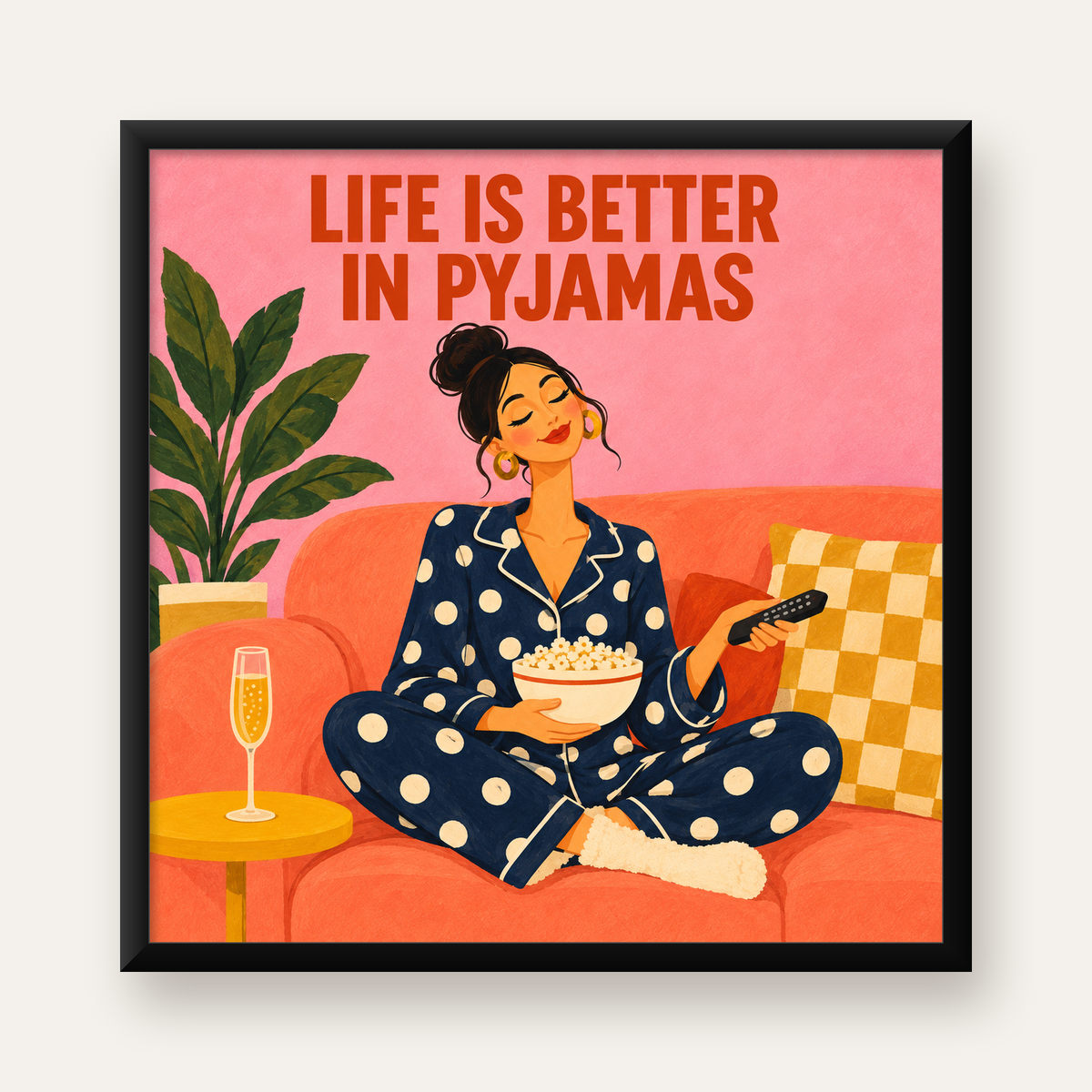 Pijama Keyfi İllüstrasyonlu Modern Poster – Rahat ve Şık Dekor — Kare baskı, düz siyah çerçeveli duvar posteri