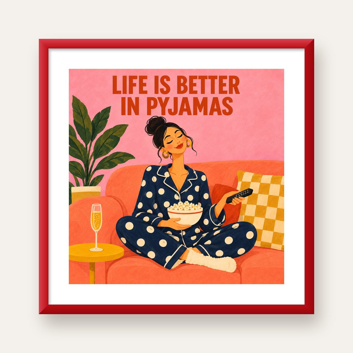 Pijama Keyfi İllüstrasyonlu Modern Poster – Rahat ve Şık Dekor — kırmızı çerçeveli paspartulu