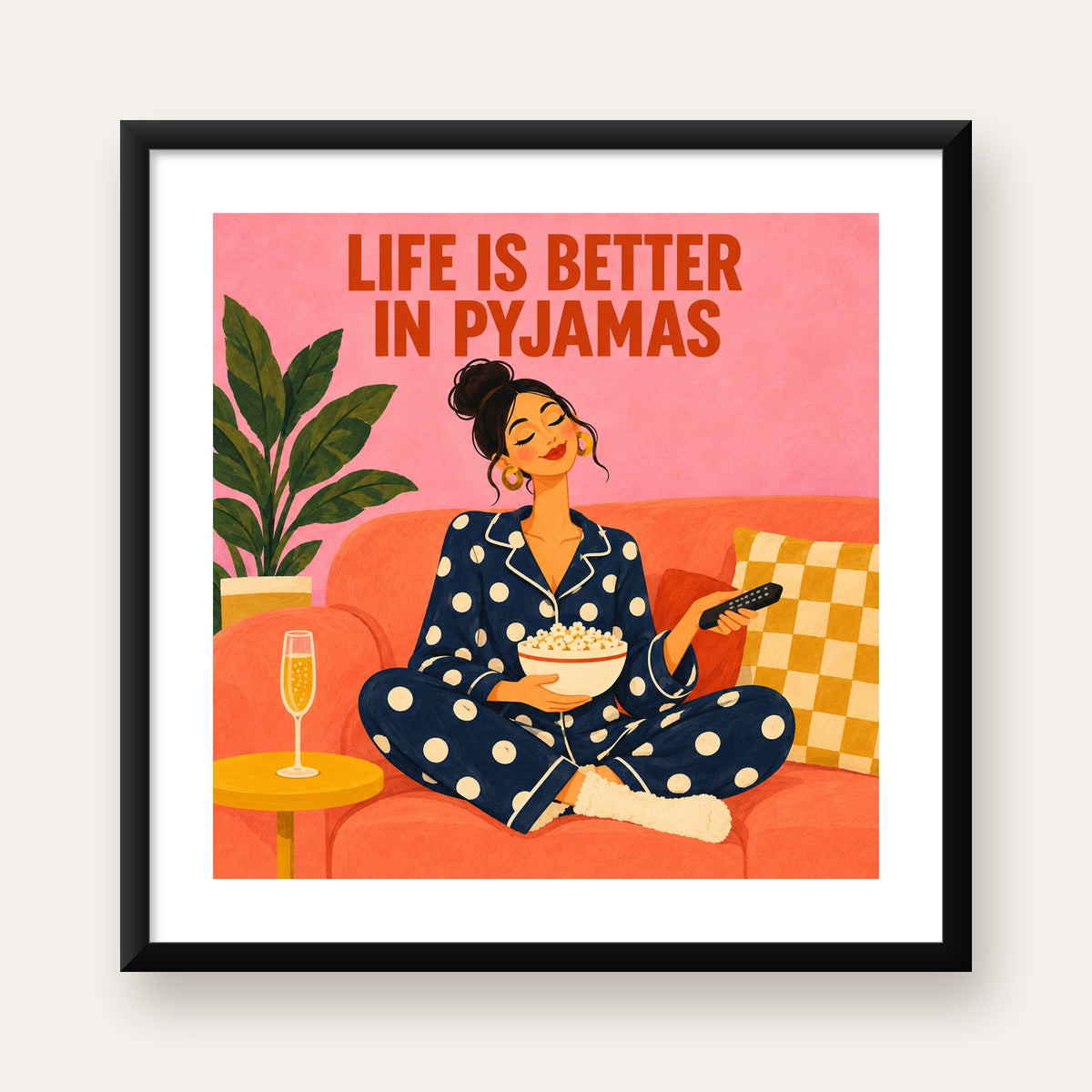 Pijama Keyfi İllüstrasyonlu Modern Poster – Rahat ve Şık Dekor — Kare baskı, beyaz paspartulu