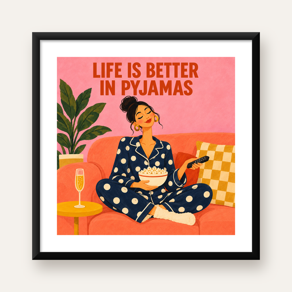 Pijama Keyfi İllüstrasyonlu Modern Poster – Rahat ve Şık Dekor — Kare baskı, beyaz paspartulu