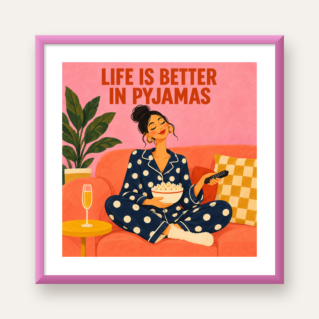 Pijama Keyfi İllüstrasyonlu Modern Poster – Rahat ve Şık Dekor — pembe çerçeveli paspartulu