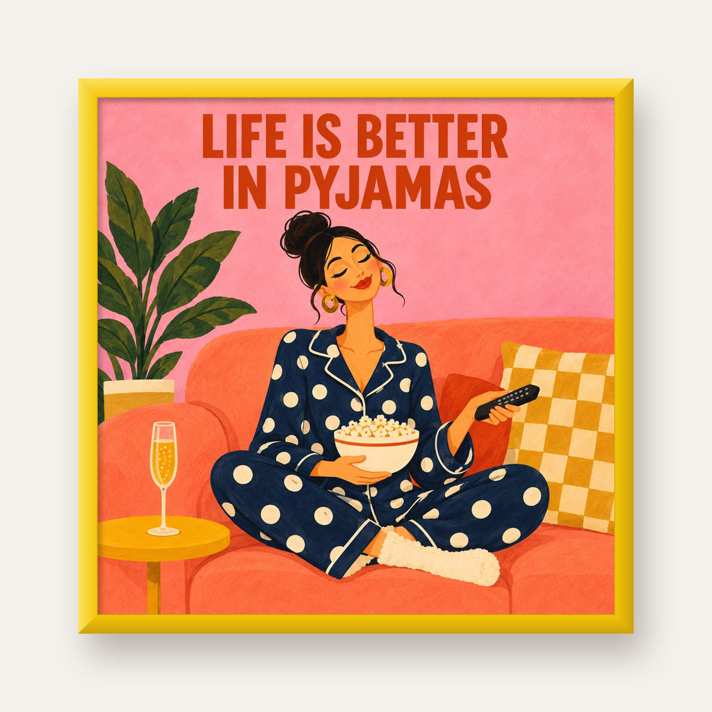 Pijama Keyfi İllüstrasyonlu Modern Poster – Rahat ve Şık Dekor — sarı çerçeveli