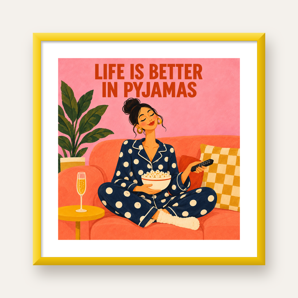 Pijama Keyfi İllüstrasyonlu Modern Poster – Rahat ve Şık Dekor — sarı çerçeveli paspartulu