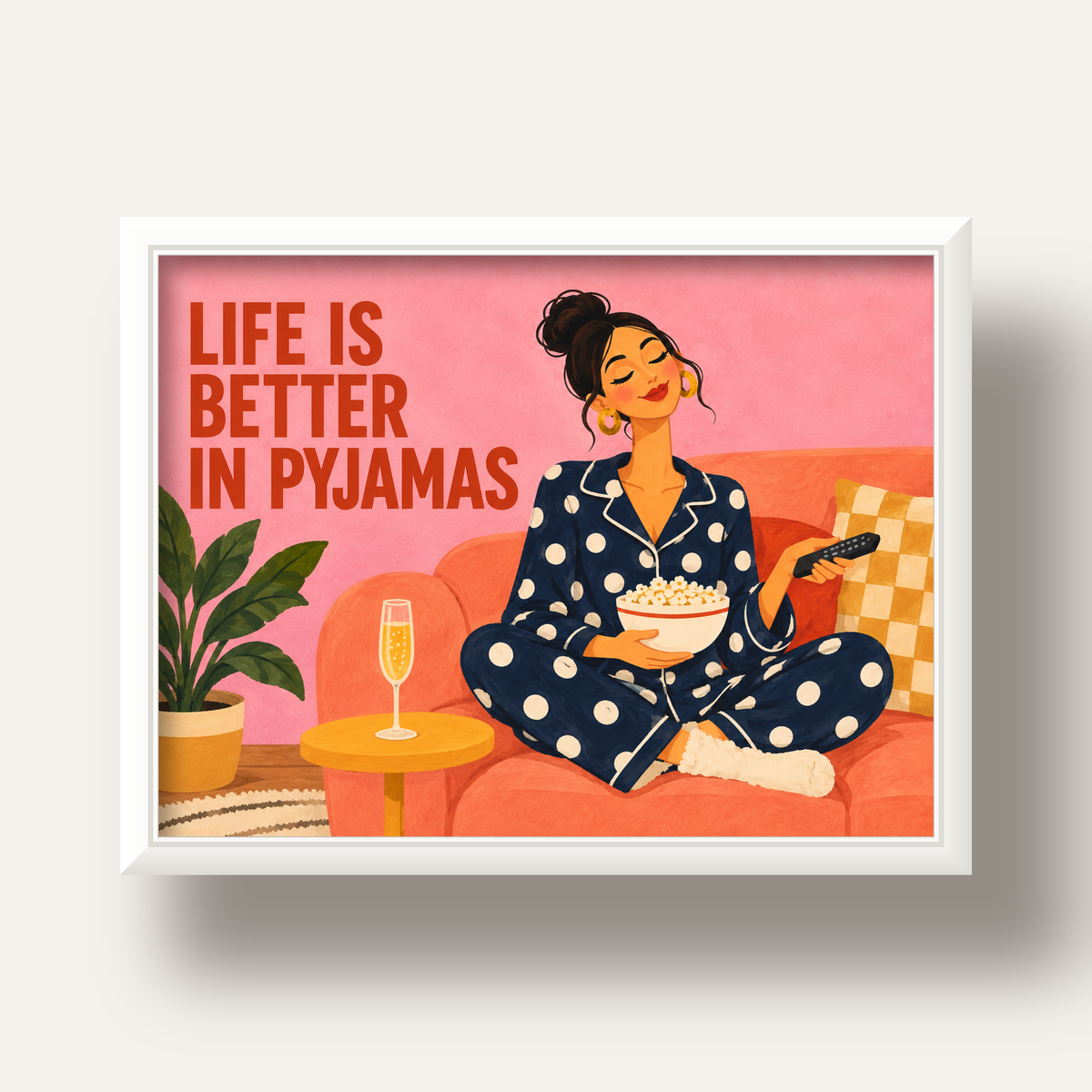 Pijama Keyfi İllüstrasyonlu Modern Poster – Rahat ve Şık Dekor — beyaz derin çerçeveli