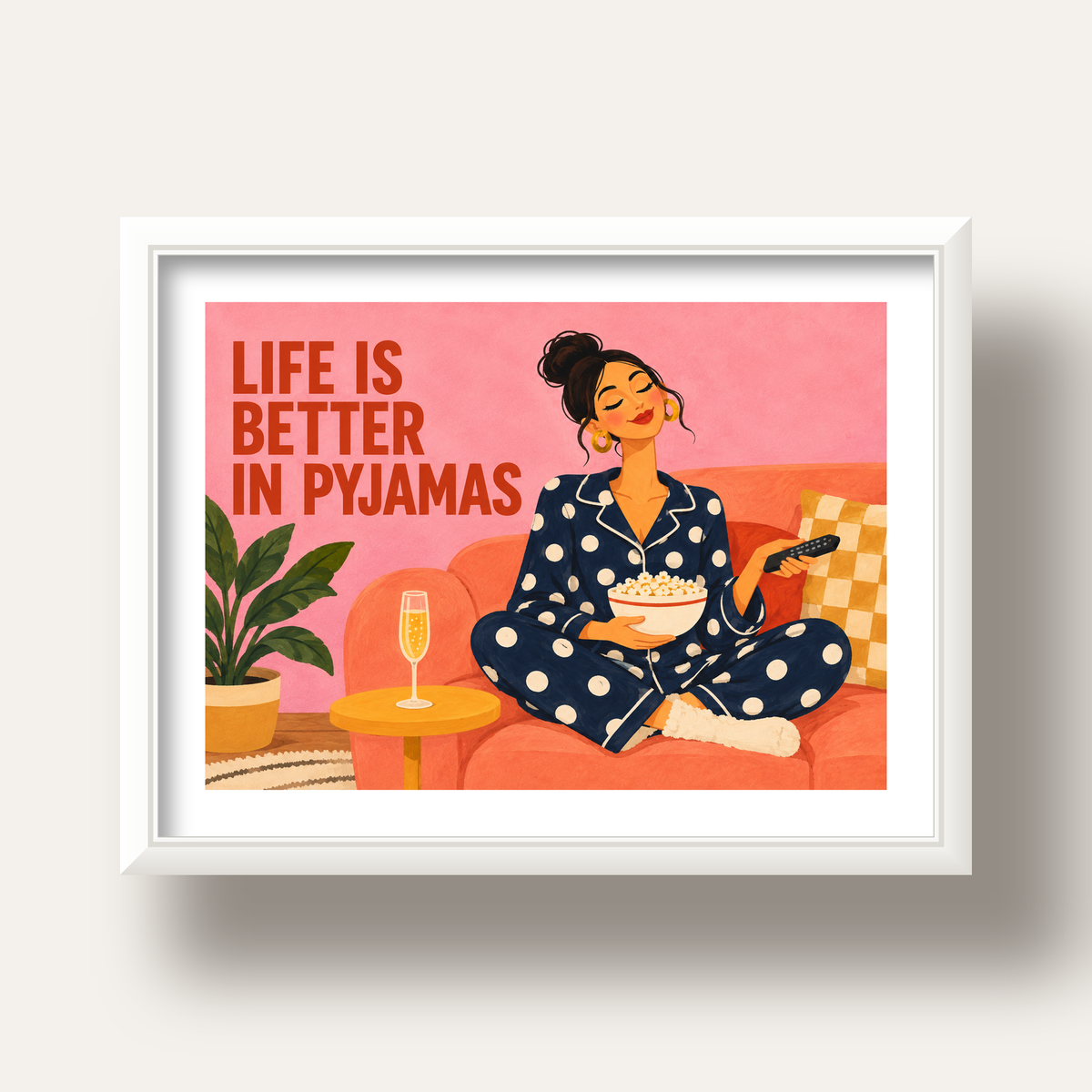 Pijama Keyfi İllüstrasyonlu Modern Poster – Rahat ve Şık Dekor — beyaz derin çerçeveli paspartulu