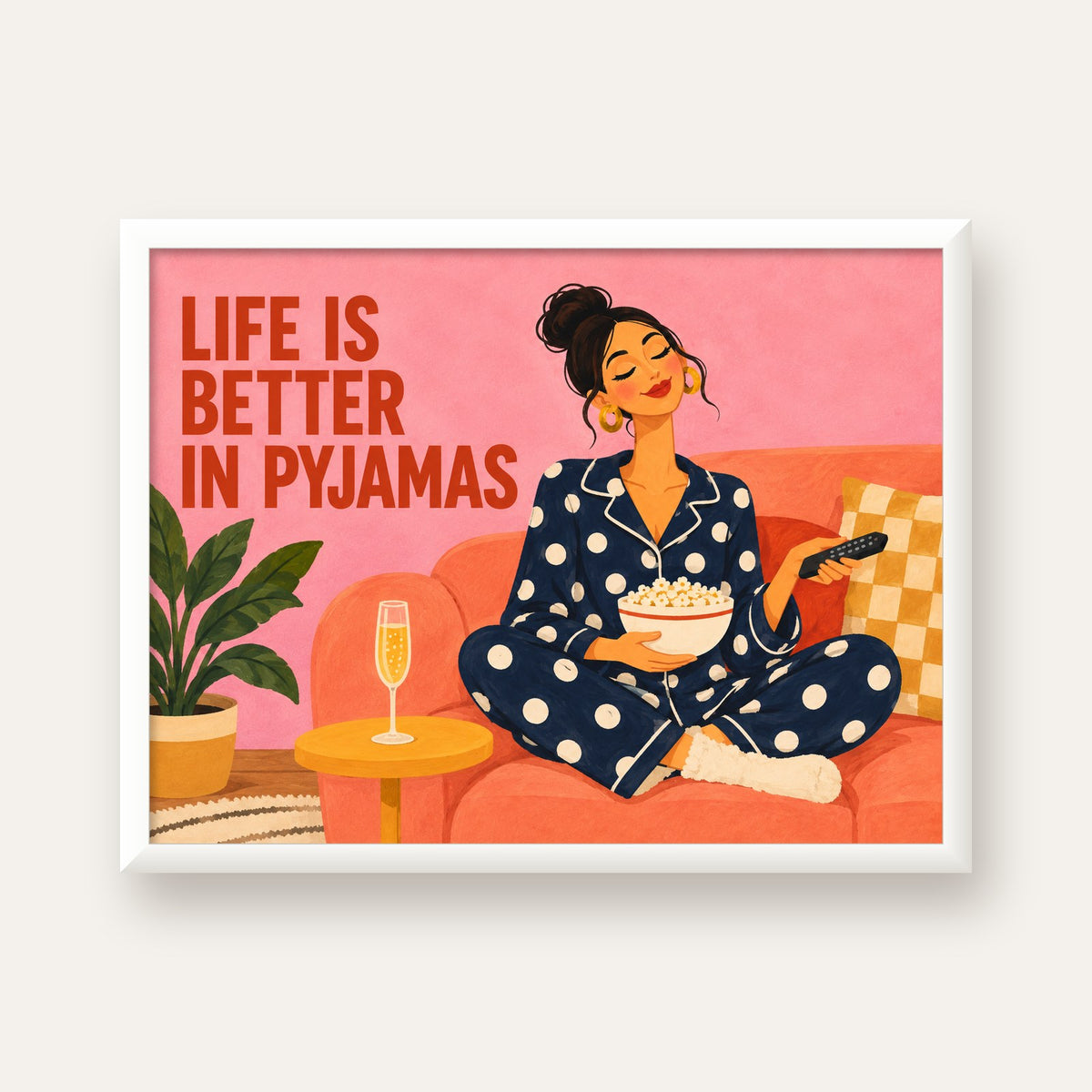 Pijama Keyfi İllüstrasyonlu Modern Poster – Rahat ve Şık Dekor — beyaz çerçeveli yatay poster