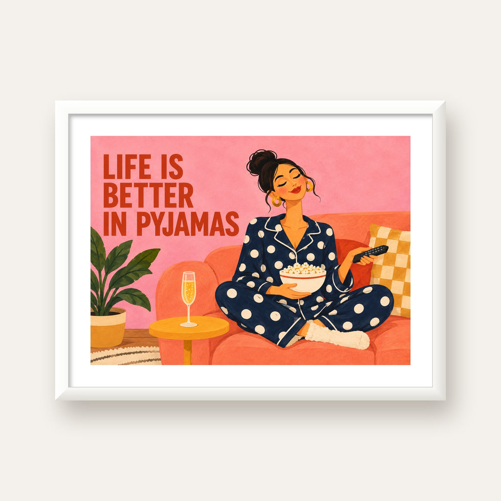 Pijama Keyfi İllüstrasyonlu Modern Poster – Rahat ve Şık Dekor — beyaz çerçeveli yatay poster