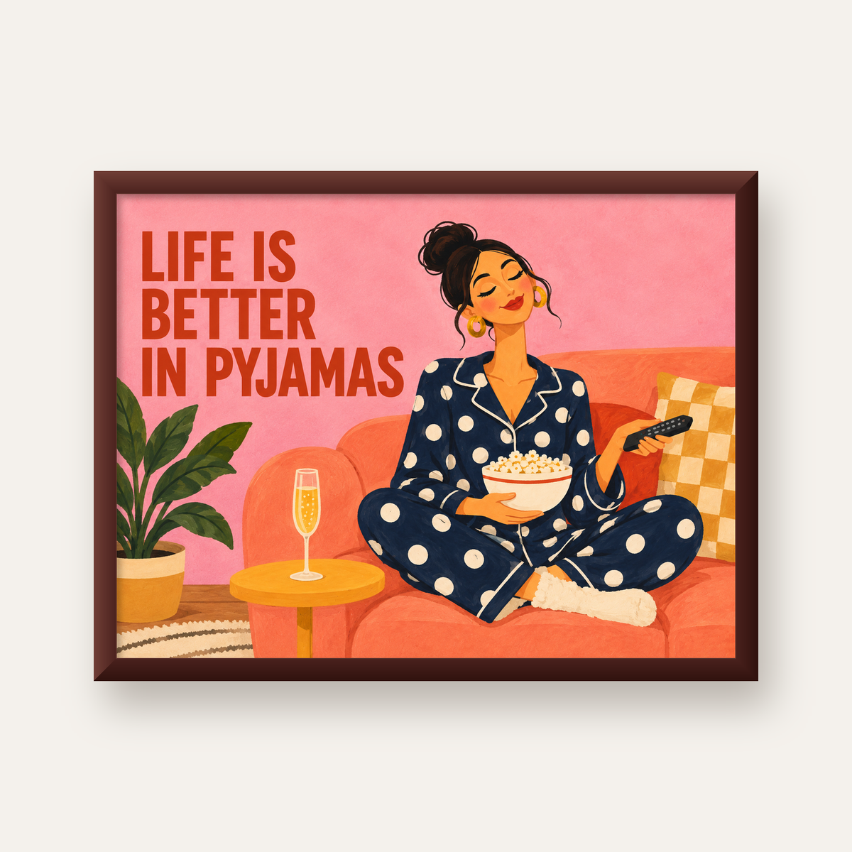 Pijama Keyfi İllüstrasyonlu Modern Poster – Rahat ve Şık Dekor — ceviz çerçeveli