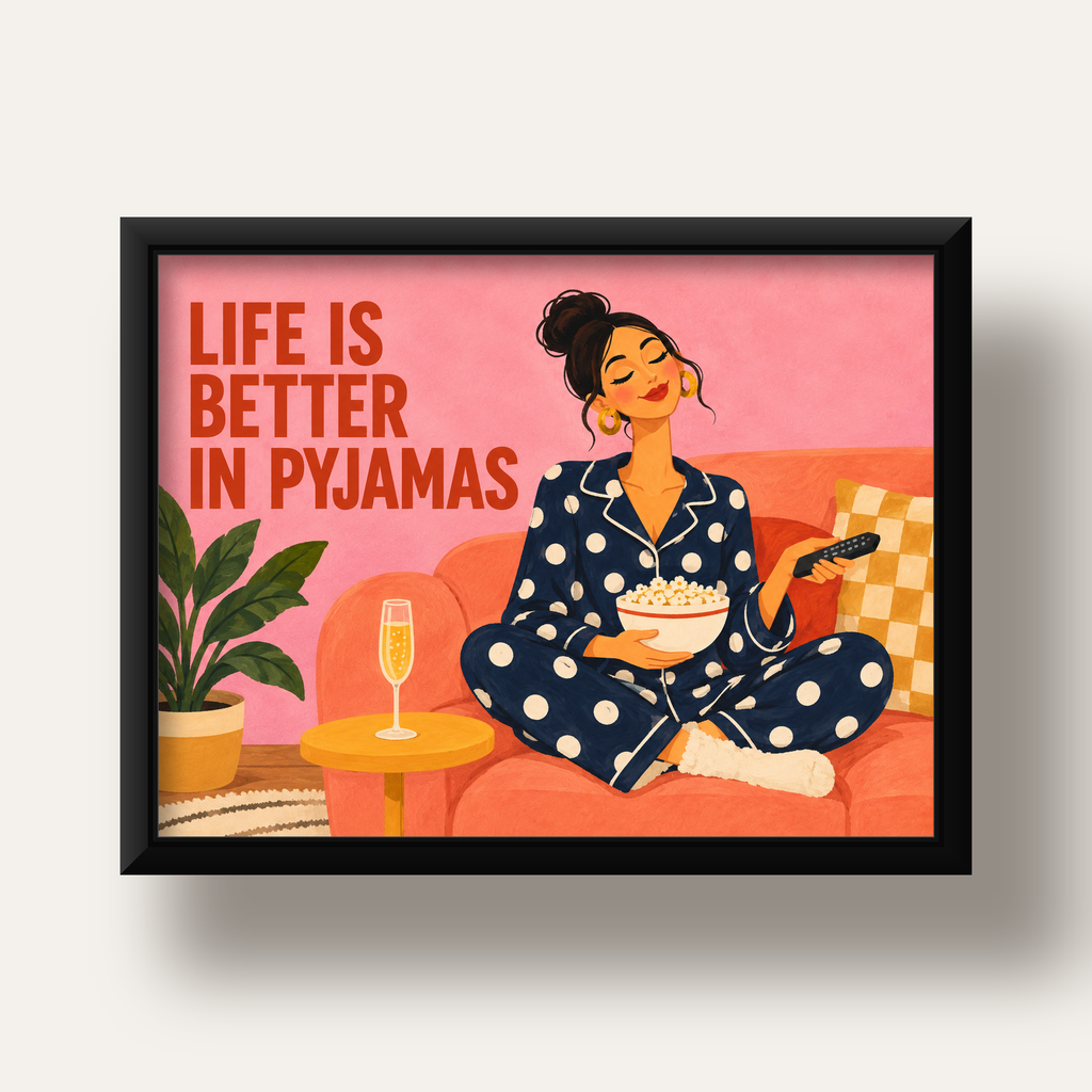 Pijama Keyfi İllüstrasyonlu Modern Poster – Rahat ve Şık Dekor — siyah derin çerçeveli
