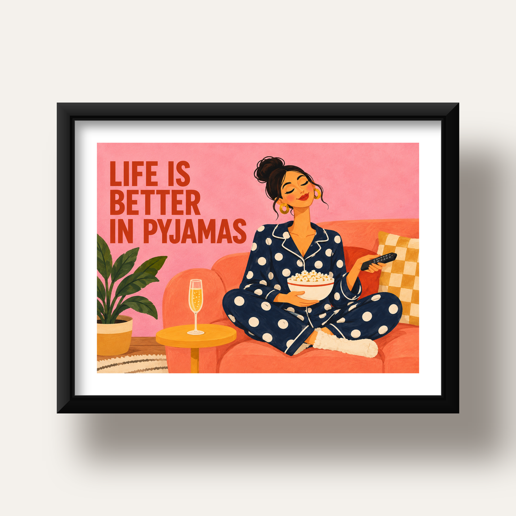 Pijama Keyfi İllüstrasyonlu Modern Poster – Rahat ve Şık Dekor — siyah derin çerçeveli paspartulu