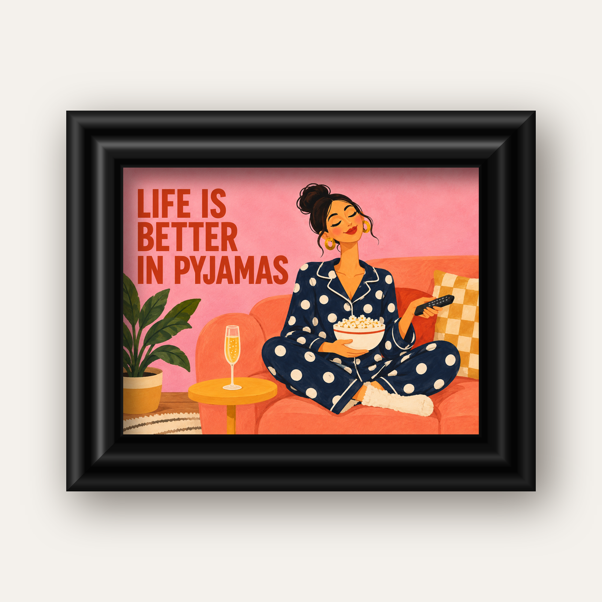 Pijama Keyfi İllüstrasyonlu Modern Poster – Rahat ve Şık Dekor — siyah galeri çerçeveli