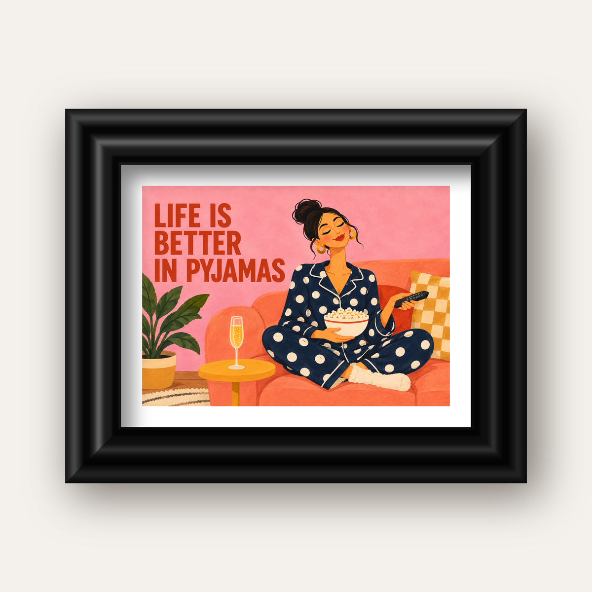 Pijama Keyfi İllüstrasyonlu Modern Poster – Rahat ve Şık Dekor — siyah galeri çerçeveli paspartulu